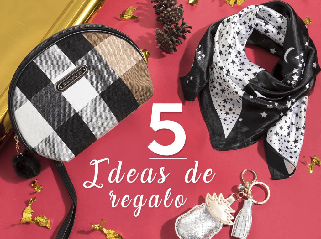 Set de 5 ideas de regalo con bolsa a cuadros, bufanda negra con estrellas y llavero dorado sobre fondo rojo