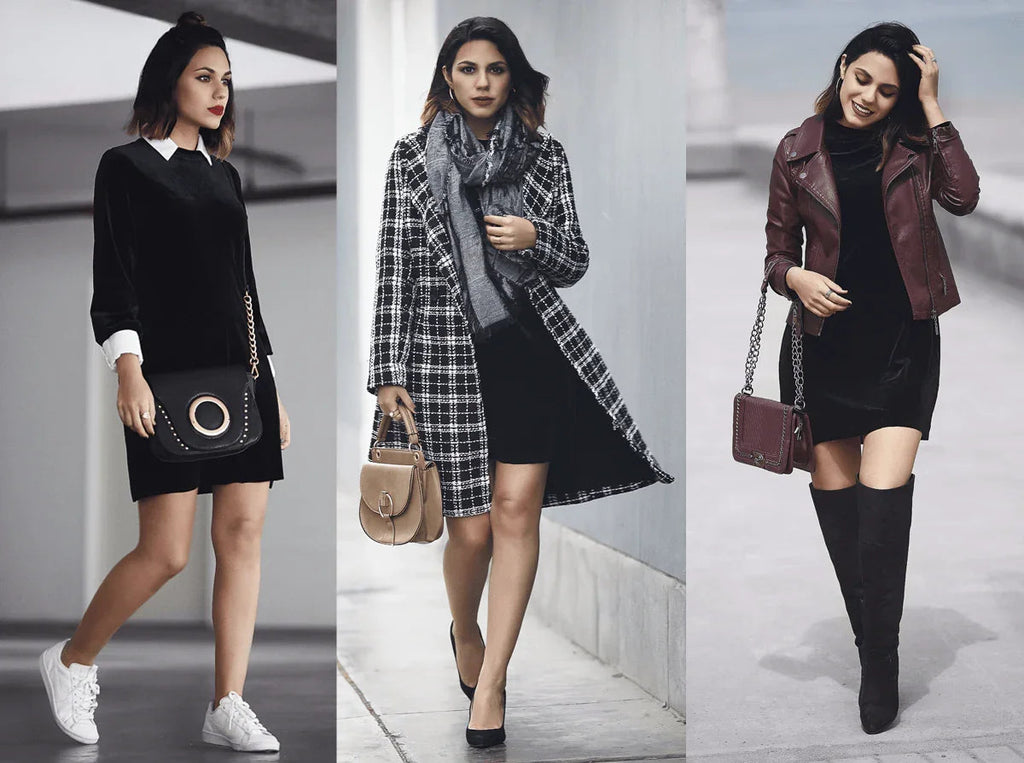 Tres mujeres con vestidos negros combinados con accesorios y calzado diferente: deportivas, tacones y botas altas