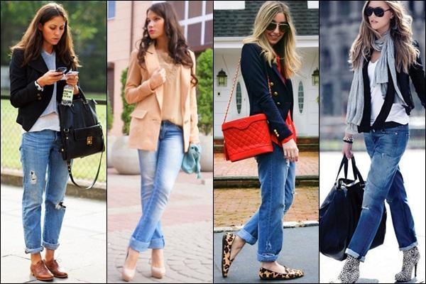 Mujeres con blazers y jeans boyfriend en estilo casual urbano, combinando bolsos y zapatos de moda